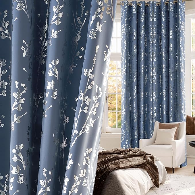 NICETOWN Stone Blue 100% Blackout Curtains 63 inch Length, Grommet Tree Pattern Foil Printed Window Treatments Floral Thermal Curtains for Bedroom, W52 x L63, 2 Panels