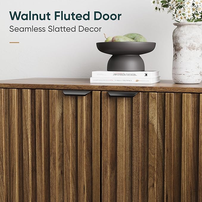 Semiocthome Walnut Buffet Cabinet with Storage, Sideboard Cabinet with Fluted Doors and Metal Legs, Storage Cabinet with Adjustable Shelf, Accent Table for Living Room, Dining Room, Kitchen, Entryway