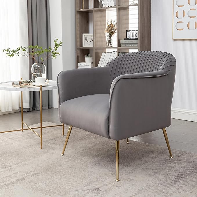 Contemporary Velvet Accent Chairs for Living Room, Bedroom and Entryway, Modern Armchair with Sleek Metal Legs, Elegant Seating Solution for Small Spaces, Grey