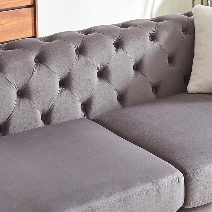 KEIKI 2-Piece Luxury Chesterfield Sofa Set with 1 Velvet 3-Seater Sofa & 1 Loveseat Sofa, Mid-Century 5-Seater Tufted Button Couch Set with 4 Pillow & High-Density Foam Cushion, for Living Room, Gray