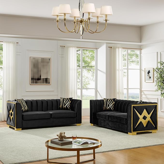 KEIKI 2-Piece Luxury Chesterfield Sofa Set with 2 Oversized Velvet 3-Seater Sofa, Upholstered Modern 6-Seater Button Tufted Couch Set with 4 Pillow, Gold Stainless Decoration, for Living Room, Black