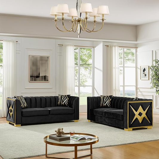 KEIKI 2-Piece Luxury Chesterfield Sofa Set with 2 Oversized Velvet 3-Seater Sofa, Upholstered Modern 6-Seater Button Tufted Couch Set with 4 Pillow, Gold Stainless Decoration, for Living Room, Black
