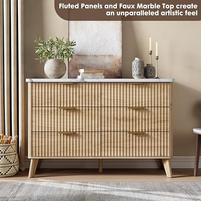 Garvee 6 Drawers Dresser for Bedroom, 47.2" Wide Dressers with Curved Profile Design, Fluted Wood Drawers with Gold Handle, Modern Chest of Dressers with Thickened Design for Living Room, Natural