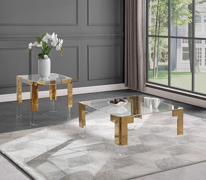 Meridian Furniture Casper Collection Modern | Contemporary Glass Top Coffee Table with Sturdy Stainless Steel and Acrylic Base, 36" W x 36" D x 16.5" H, Gold