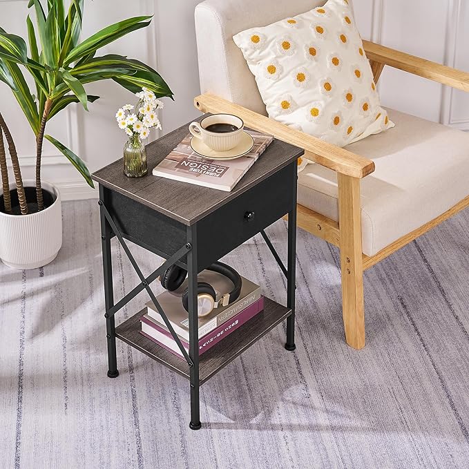 VECELO Nightstand Set of 2, X-Design End Side Table with Fabric Storage Drawer and Open Shelf, Bedside Night Stand with Steel Frame for Bedroom, Living Room,Dorm, Easy Assembly,Gray
