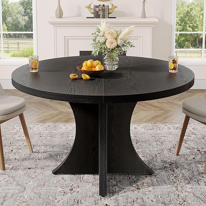 Tribesigns Round Dining Table for 4-6, 47.24-Inch Farmhouse Kitchen Table, Wood Dining Table with Pedestal Base, Small Dinner Table for Dining Room,Living Room, Small Space, Black