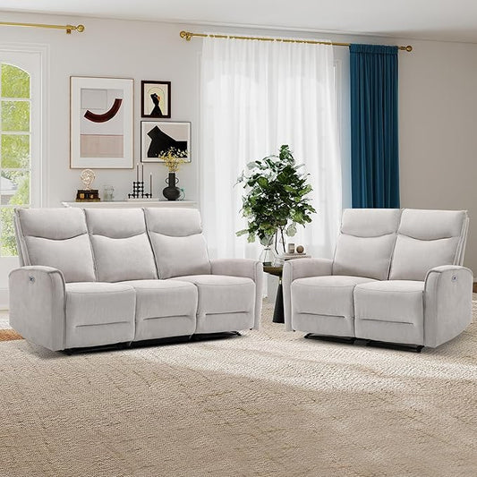 ANJ 2 Pieces Recliner Sofa Furniture Set,Include 2-Seater Loveseat Recliner Sofa and 80" Wide Overstuffed 3 Seater Reclining Couch for Living Room, Light Grey