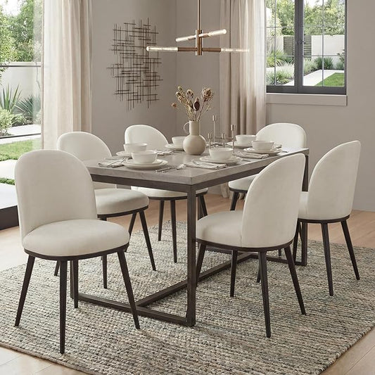 Dining Chairs Set of 6, Fabric Upholstered Dining Room Chairs with Ergonomic Backrest & Metal Legs, Modern Kitchen Side Chairs for Home, Restaurant, and Café, Ivory, 2 Boxs