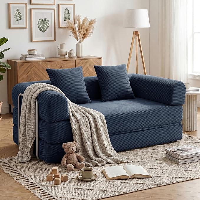 59'' Convertible Compressed Corduroy Folding Sofa Bed, Modern Boneless Pull Out Loveseat Sleeper in a Box, 4 in 1 Floor Mattress Futon Cloud Couch, No Assembly Needed, Navy Blue, 2 Pillows, Queen