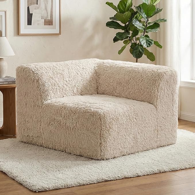 Furniture of America Havyn Modern Faux Fur 1-Seater Modular Foam Sofa Chair with Curved Arm & Deep Seat, Compressed Couch in a Box, No Assembly Required, for Living Room and Office, Sand