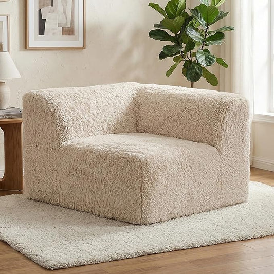 Furniture of America Havyn Modern Faux Fur 1-Seater Modular Foam Sofa Chair with Curved Arm & Deep Seat, Compressed Couch in a Box, No Assembly Required, for Living Room and Office, Sand