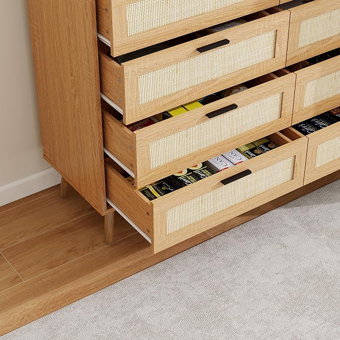 Panana 3/6/8 Drawers Dresser, Wooden Rattan Chest of Drawers with Rattan Front Spacious Storage Chest Bedside Table Nightstand Cabinet for Living Room, Closet, Hallway, Bedroom