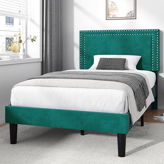 Twin Size Platform Bed Frame with Height Adjustable Upholstered Headboard, Modern Mattress Foundation,Strong Wood Slat Support, No Box Spring Needed, Easy Assembly
