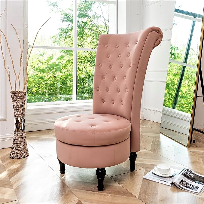 Royal High-Back Velvet Accent Chair for Vanity with Storage and Luxurious Upholstery, Retro Design and Versatile Usage for Living Room, Bedroom, Lounge and Office, Rose