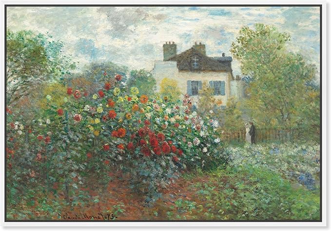 Art Remedy Monet-Garden With Dahlias Impressionism Classic Landscape Paintings Canvas Wall Art, White Floater Frame, 36"x54"