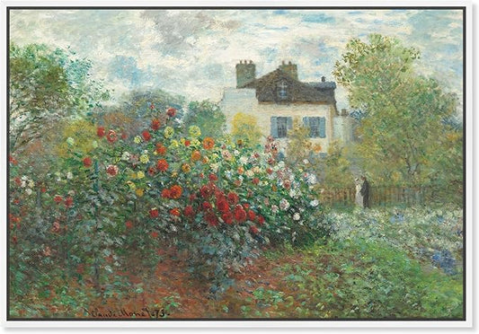 Art Remedy Monet-Garden With Dahlias Impressionism Classic Landscape Paintings Canvas Wall Art, White Floater Frame, 20"x30"