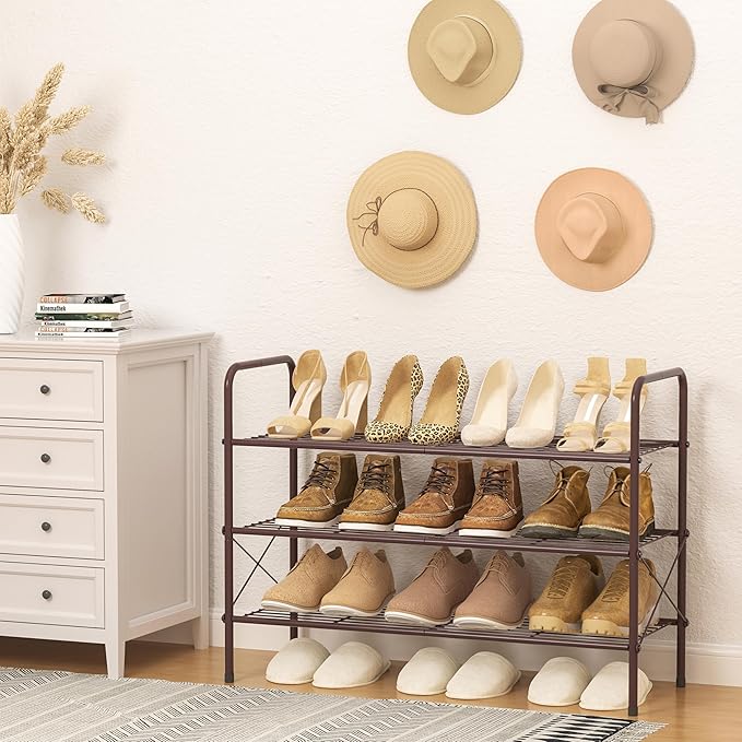 Tajsoon 3-Tier Stackable Shoe Rack Organizer, Adjustable & Expandable Shoe Storage Shelf for Entryway, Metal Wire Grid with X Shape Fixed Frame, Bronze