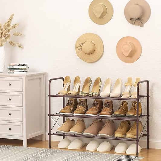 Tajsoon 3-Tier Stackable Shoe Rack Organizer, Adjustable & Expandable Shoe Storage Shelf for Entryway, Metal Wire Grid with X Shape Fixed Frame, Bronze