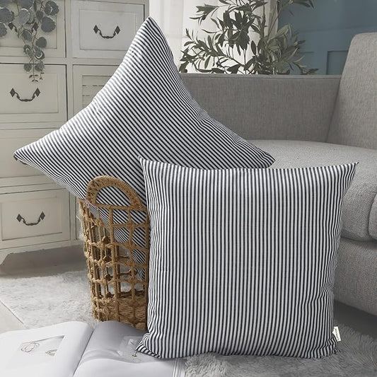 CARRIE HOME Blue White Farmhouse Striped Pillow Covers 18x18 Set of 2 Navy Blue Farmhouse Decor Pillows for Sofa Bedroom Chair and Christmas Decoration