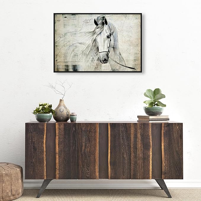 Country Farmhouse Canvas Print Painting Animal Wall Art 'Southern White Horse' Black Framed Canvas Rustic Home Décor 30x20 in Gray, Brown by Oliver Gal