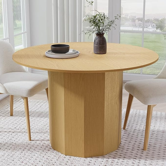 Casaphoria 46" Round Dining Table, Modern Wood Kitchen Table with Cylinder Polygonal Base for Living Room & Dining Room, Easy Assembly Farmhouse Furniture for 4-6, Oak