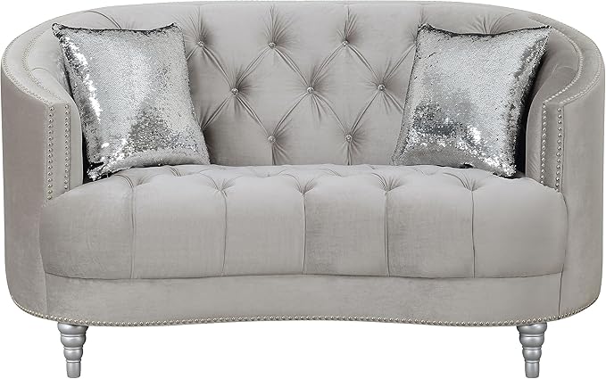 Coaster Home Furnishings - Avonlea - Velvet & Wood - Loveseat with Sloped Arms and Rhinestone Tufting - Living Room - Gray - 508462