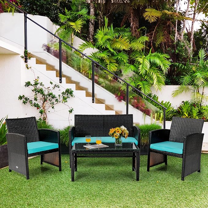 Tangkula 4 Pieces Rattan Furniture Set, Outdoor Conversation Set w/Chair & Loveseat & Tempered Glass Coffee Table, Suitable for Garden, Backyard, Poolside, Patio Furniture Set for 4 (1, Turquoise)