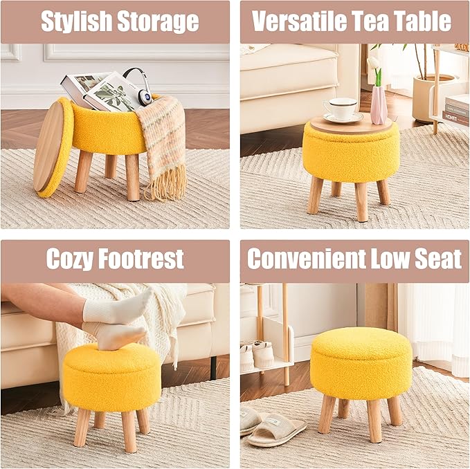 Poofzy Small Ottoman with Storage, Small Foot Stool Ottoman with Wood Legs, Sherpa Foot Rest for Couch, Living Room and Bedroom - Yellow