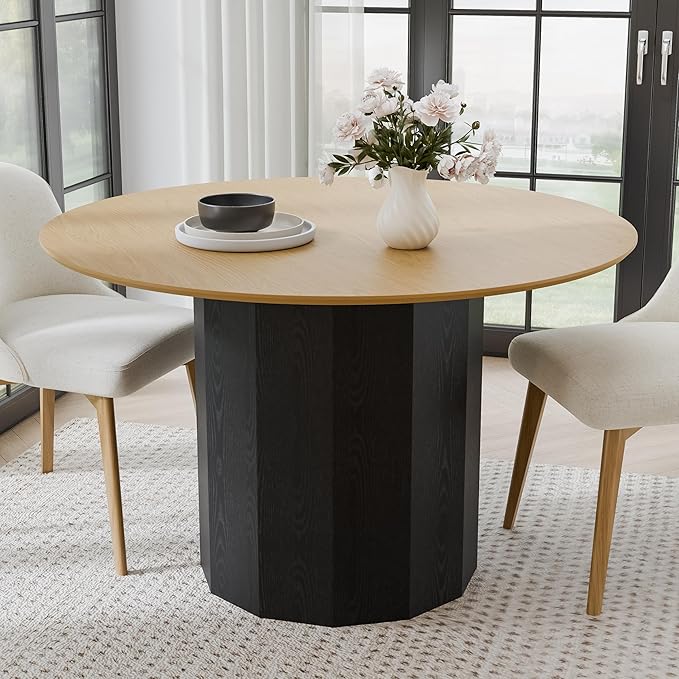 Casaphoria 46" Round Dining Table - Wood Top & Black Pedestal Base, Modern Farmhouse Kitchen Table for 4