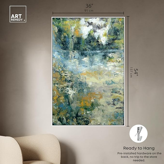Art Remedy Green Moss Monet Garden Green Abstract Canvas Wall Art, White Floater Frame, 36"x54"
