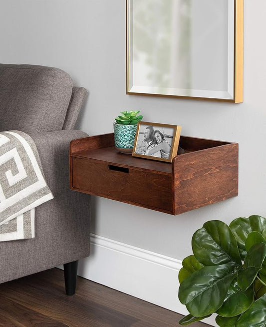 Kate and Laurel Kitt Modern Floating Wall Shelf Side Table with Drawer, 18" x 12" x 6.5", Walnut