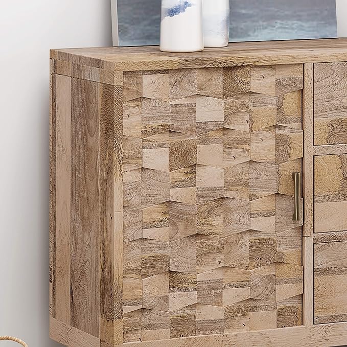 Great Deal Furniture Zona Mid-Century Modern Mango Wood 3 Drawer Sideboard with 2 Doors, Natural