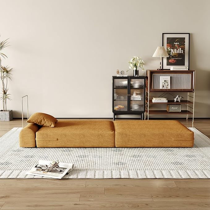 31.5'' Convertible Compressed Corduroy Folding Cloud Sofa Bed, Modern Boneless Pull Out Sleeper Sofa Couch in a Box, 3 in 1 Portable Lazy Floor Lounge Chair, for Small Space, Yellow, Pillow, Single