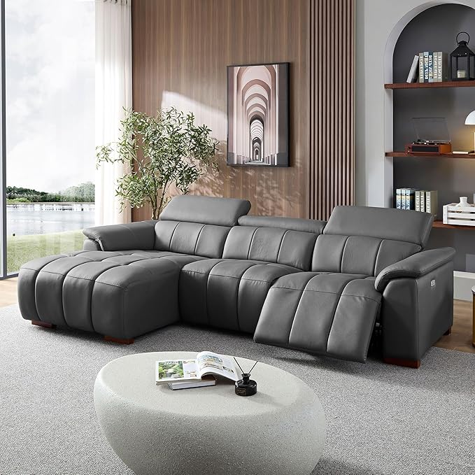 KEIKI 113" L-Shaped Genuine Leather Wall-Hugger Reclining Sofa with Left Chaise, Adjustable Backrest & Footrest, Modern Electric Control 3-Seater Couch with USB, for Living Room, Dark Grey