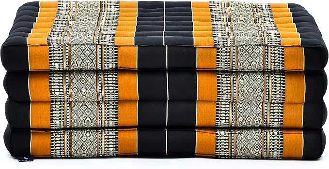 Leewadee Trifold Mattress Standard – Comfortable Thai Massage Pad, Foldable Floor Mattress Filled with Kapok, Perfect to Use as a Sleeping Mat 79 x 28 inches, Black Orange