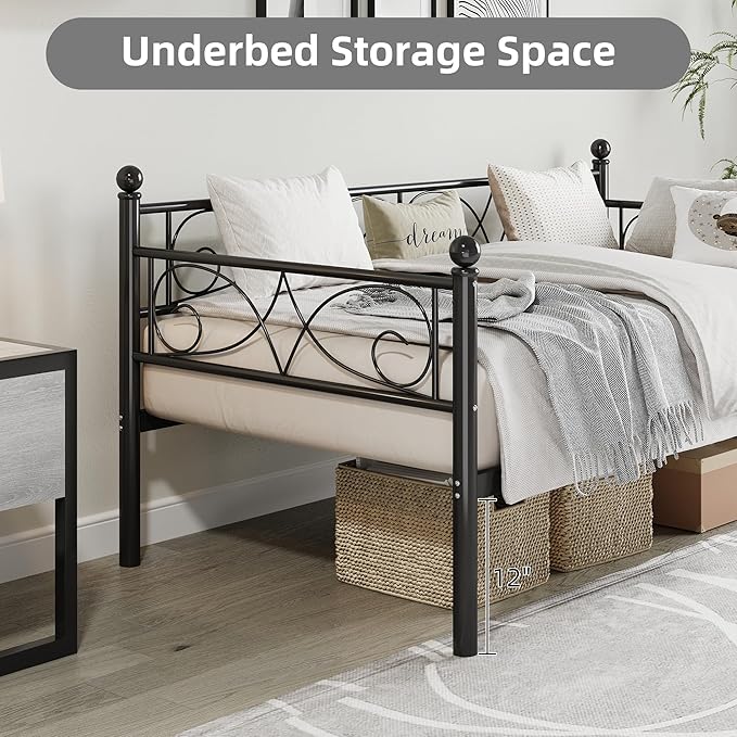 IDEALHOUSE Twin Size Daybed Frame, Metal Sofa Bed Frame, Heavy Duty Metal Slats, Day Bed for Living Room, Bedroom, Guest Room, Space Saving, Black
