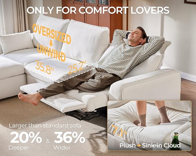 Oversized Modular Power Recliner Sofa Wall Hugger, Cloud Reclining Couch with Headrest, Storage Ottoman, Drawer Charging Cup Holder, Deep L-Shaped 6 Seater with Dual Electric Recliner, Chenille, White