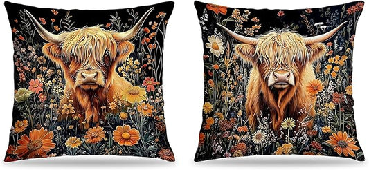 William Morris Inspired-Vintage Floral Highland Cow Pillow Covers 18x18 Set of 2, Highland Cow Lover Gifts,Dark Floral Botanical Farmhouse Cows Decor Pillow Covers for Home Living Room Bedroom
