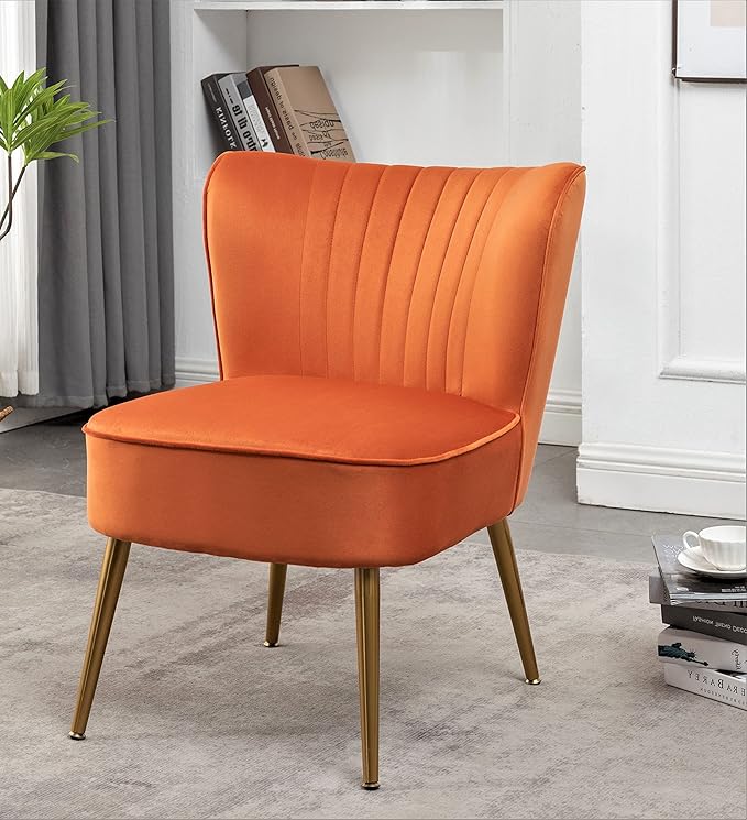 Modern Velvet Accent Chair for Living Room, Bedroom, or Entryway, Stylish and Comfortable Armless Design with Metal Legs, Orange Red