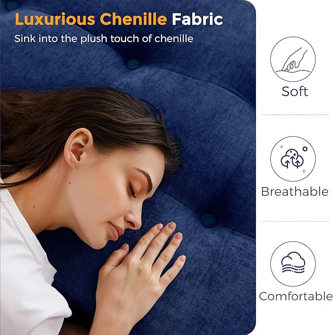 MAXYOYO Tri-Fold Mattress, 6 Inch Tufted Folding Mattress with Chenille Fabric, Portable Twin Size Floor Guest Mat for Adults, Foldable Topper for Camping, Navy, 35.4"x75"
