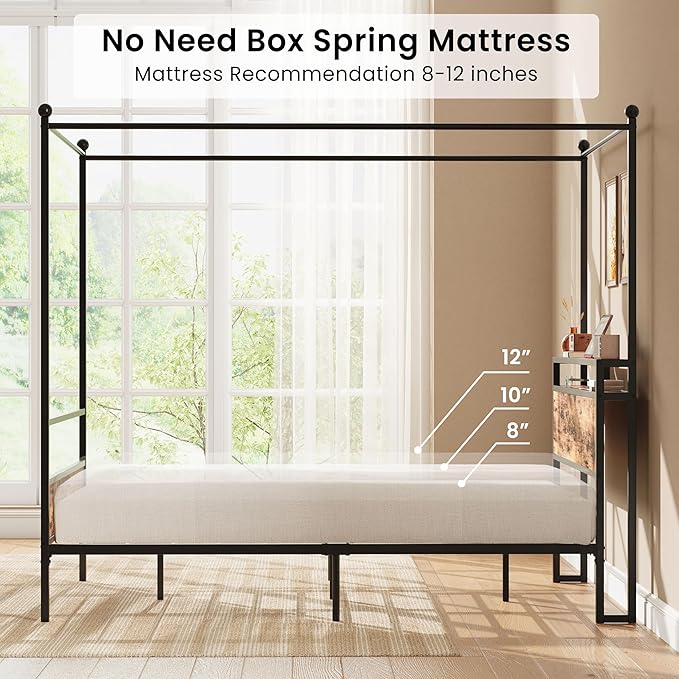 LIKIMIO Canopy Bed Frame Queen with Storage Headboard & Charging Station, Sturdy Metal Platform Bed with 4 Removable Posts, Dual Purpose Bed Frame, No Box Spring Needed, Noise Free