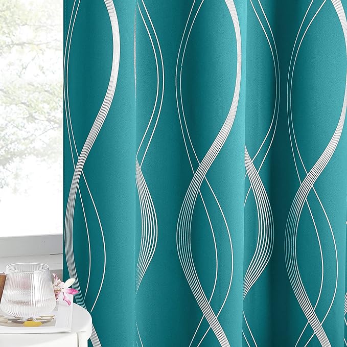 NICETOWN Room Darkening Curtains for Bedroom, Peacock Teal, 2 Panels, 52 x 84 inch, Noise Reducing Thermal Insulated Wave Line Foil Print Design Blackout Curtains for Storage Office Work Area