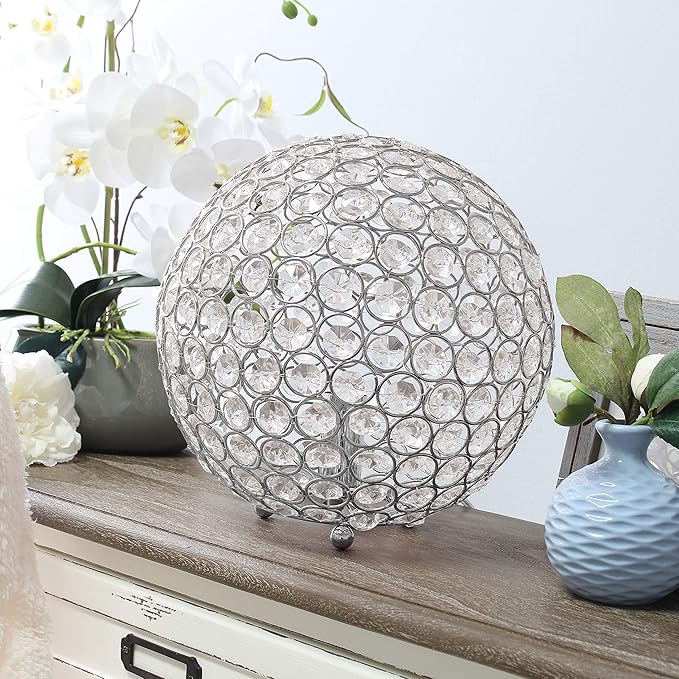 Elegant Designs LT1067-CHR 10" Elipse Crystal Collection Metal Crystal Ball Sequin Table Desk Lamp for Accent Lighting, Décor, Living Room, Chrome