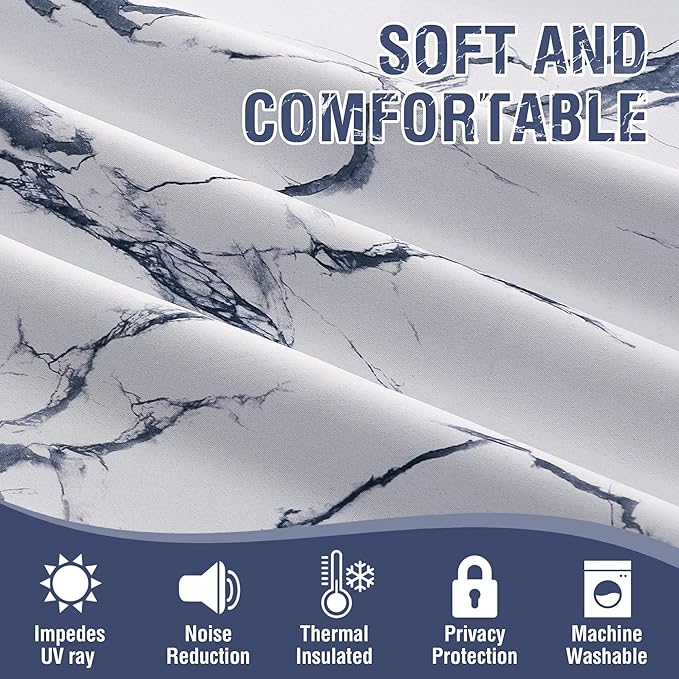 H.VERSAILTEX 100% Blackout Curtains 63 inch Length 2 Panels Set Marble Designs Printed Drapes Thermal Curtains for Bedroom with Black Liner Sound Proof Curtains, Dark Blue