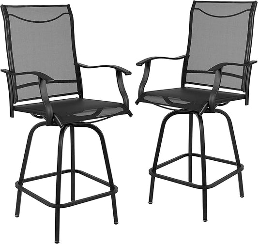 Flash Furniture Valerie All-Weather Swivel Patio Barstools with Footrest and Armrests, Modern Sling Outdoor Bar Height Stools, Set of 2, Black