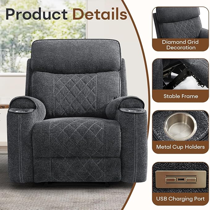 HAOMARKETS 3-Piece Recliner Sofa Set with Charging Port, Include Power Recliner Chair and 2 Electric 2-Seater Loveseat Reclining Couches with Hidden Storage and Cup Holders for Living Room, Dark Grey