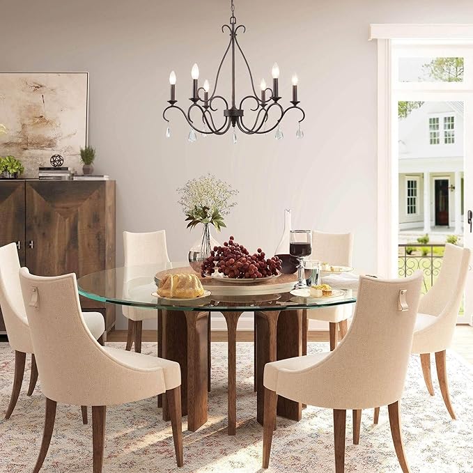 LALUZ Farmhouse Chandelier, 6-Light Rustic Dining Room Chandeliers Light Fixture Over Table with 7 Crystals for Dining Room & Living Room, Entryway, Rust-Colored Bronze Finish
