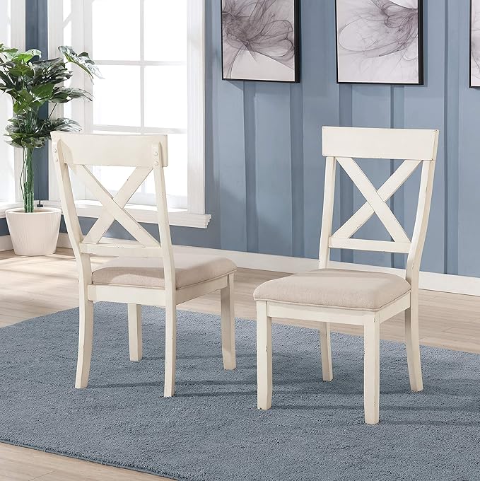 Roundhill Furniture Prato 6-Piece Dining Set, Dining Table with 4 Cross Back Chairs and Bench, Antique White and Distressed Oak Finish