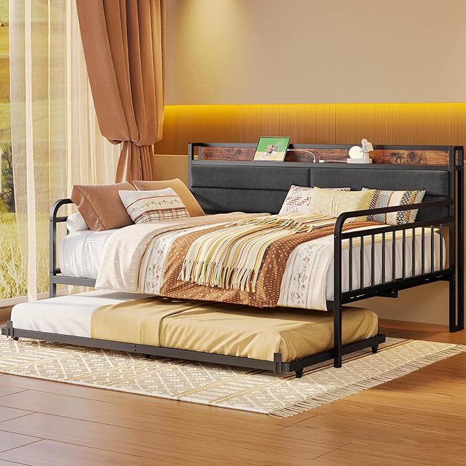LIKIMIO Daybed with Trundle, Sturdy Metal Full Size Bed Frame with Upholstered Headboard and Charging Station for Living Room, Bedroom and Guest Room, Black