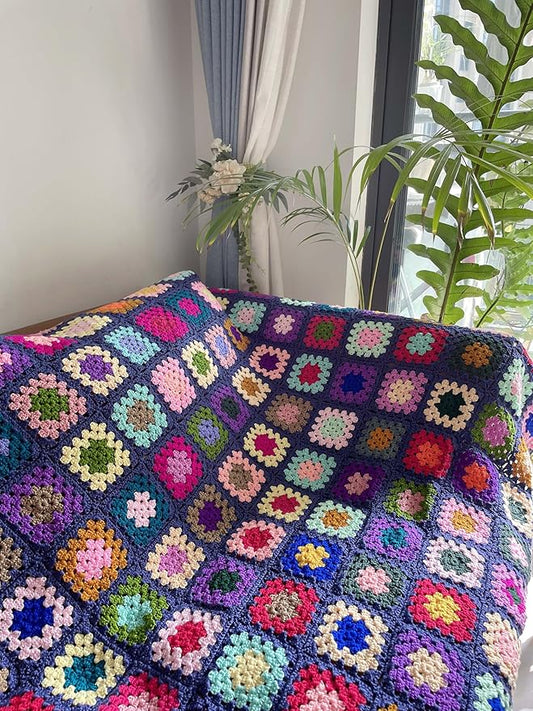 RISEON Handmade Granny Square Crochet Throw Blanket Sweater Style Mat, crochet quilt, multicolor Boho Travel Accent Decor Throw for Sofa Comforter Couch Bed Recliner Living Room Bedroom (Dark blue)